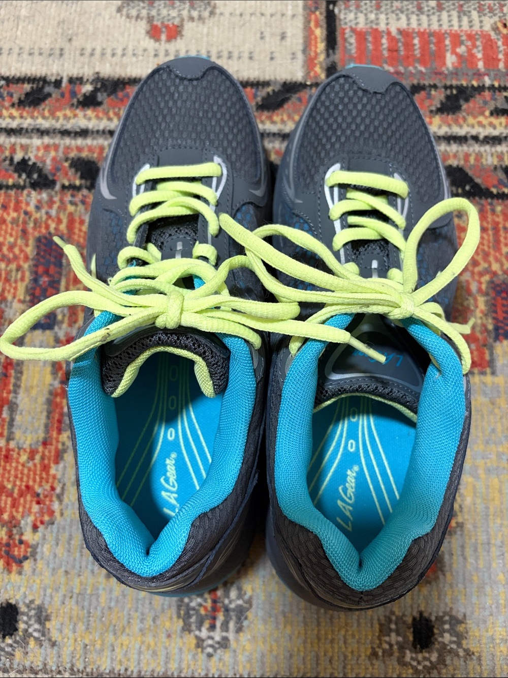 L.A. Gear Gray Athletic Shoes with Neon Yellow Laces and Turquoise Lining